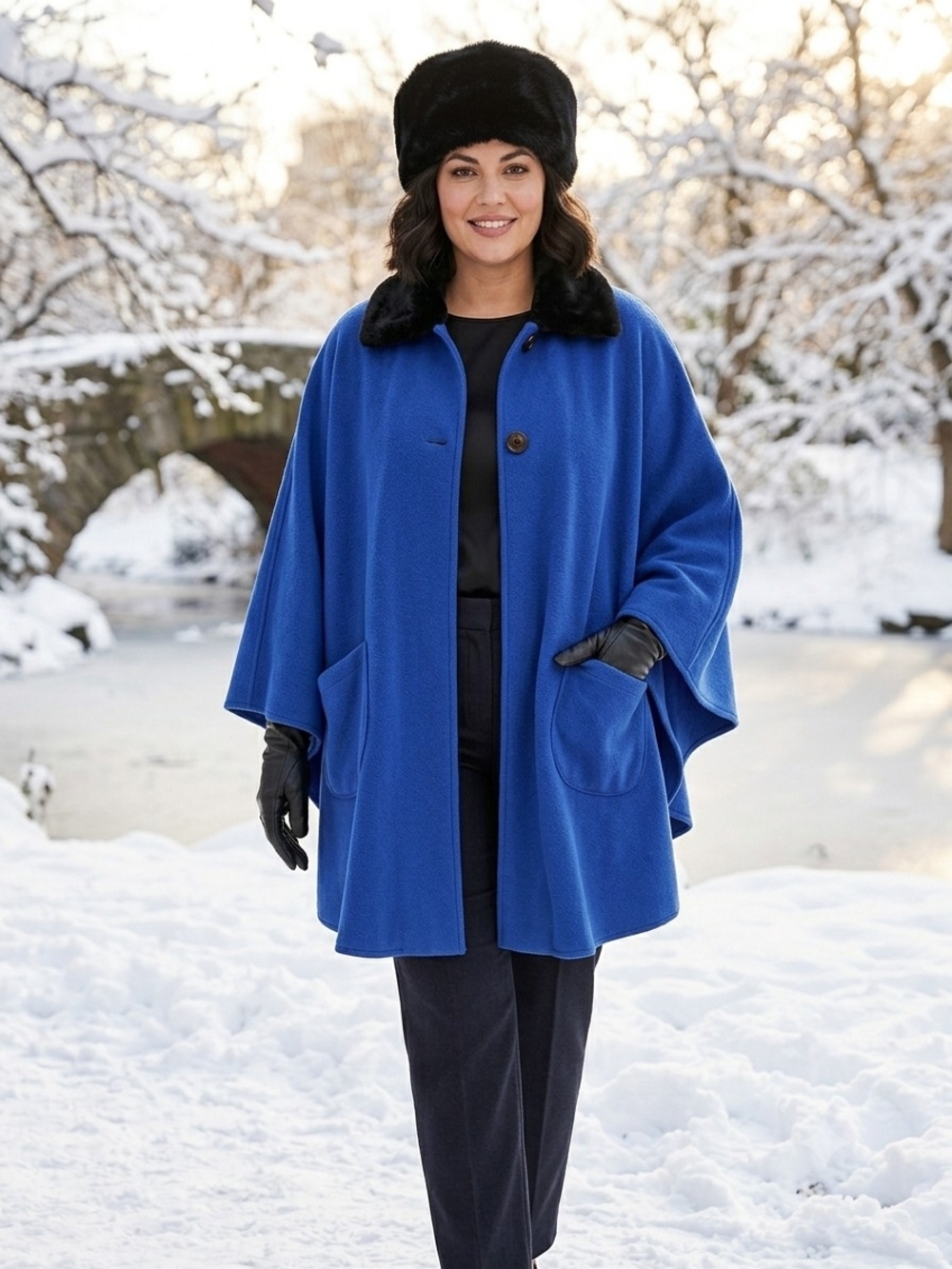 Le Mode Blue Polar Fleece Cape Coat With Black Faux Fur Collar One Size EUC